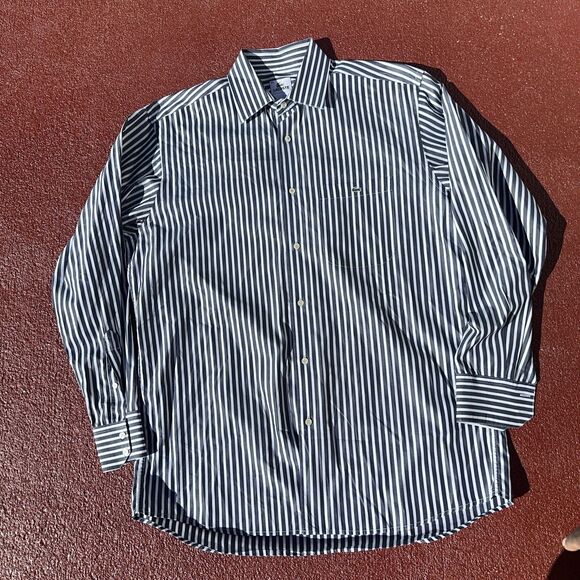 Lacoste Shirt Mens 42  Blue White Striped Preppy Alligator Work Top Logo - Picture 1 of 8